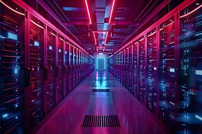 Purple and blue neon-lit data center, Mainframe Modernization | DXC Technology