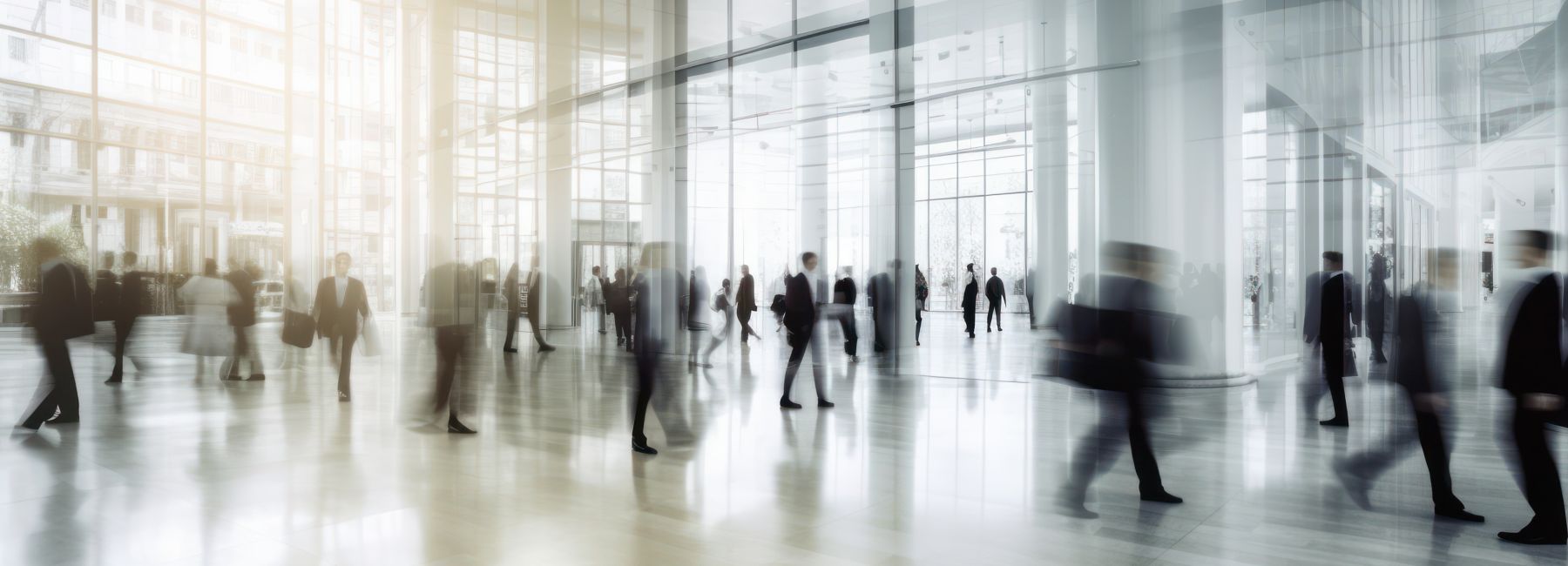 Business people walking through a modern glass office building lobby