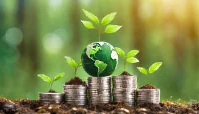 Five stacks of coins on a forest ground topped with green plants and a small glass globe, ESG in banking | DXC Technology