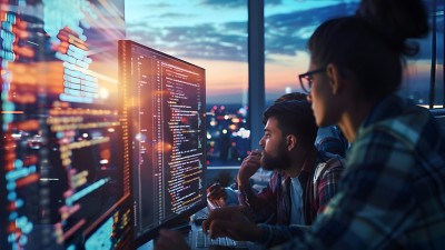 A team of developers working on a new app, with details of the team's collaboration, the code on the screen, and the city skyline outside the window.