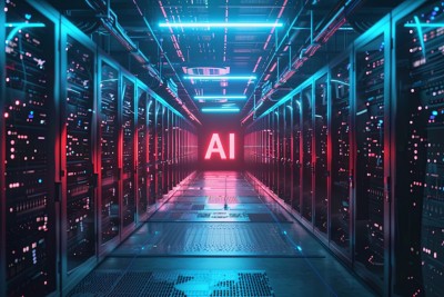Private AI data center corridor with neon lighting, sharp racks and cable detail | DXC Technology Insights 
