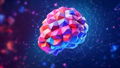 Colorful abstract 3D rendering of polygonal brain on blue pixelated background, GenAI Assistant, Microsoft | DXC Technology