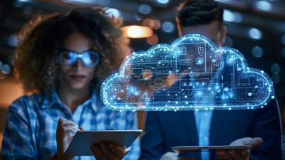 Woman and man using tablets with cloud graphic in front of them, Cloud Migration Services | DXC Technology