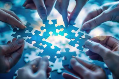 Hands in a circle joining puzzle pieces, IT engineering services | DXC Technology