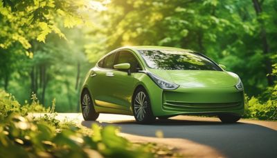 Green electric car on a road in a leafy forest, sustainability and AI in automotive and manufacturing | DXC Technology