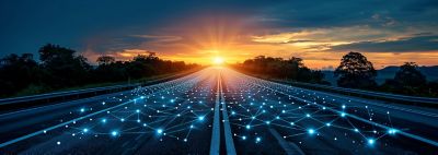 highway at night, with interlocking connected glowing dots, representing journey to plan Windows 11 upgrade | DXC Technology
