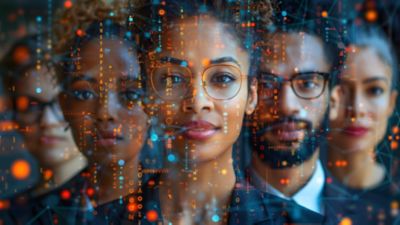 Five faces staring forward surrounded by dots,  Workplace Collaboration | DXC Technology