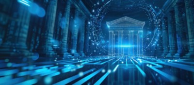 A bank icon on a blue background with white lines and circles in the futuristic style of digital graphics