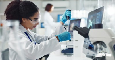 Test tubes, dropper and woman scientist in laboratory for medical study, research or experiment. Glass vials, pipette and professional female person with chemical liquid for pharmaceutical innovation.