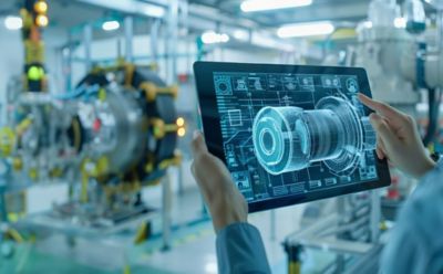 Tablet showing digital rendering of engine prototype, Smart Factory solutions | DXC Technology 