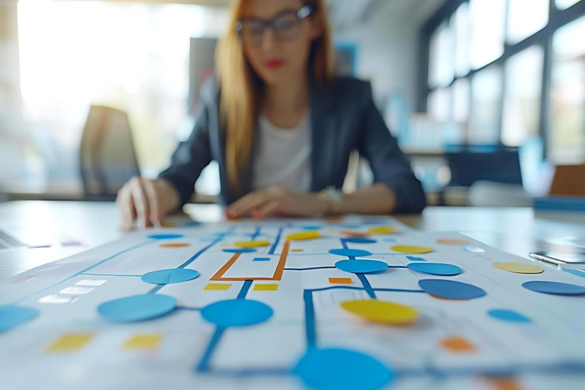 Implementing Business Process and Workflow Automation Through Flowcharts with Businesswoman Silhouette in Background