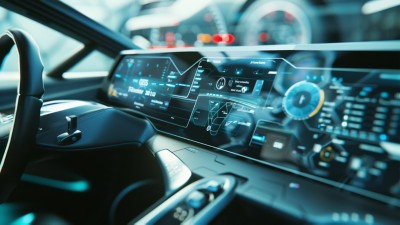 A futuristic car dashboard, with holographic displays and advanced controls, showcasing next-gen technology and design.
