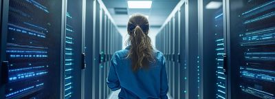 Female technician walking through data center, Snowflake AI Data Cloud | DXC Technology