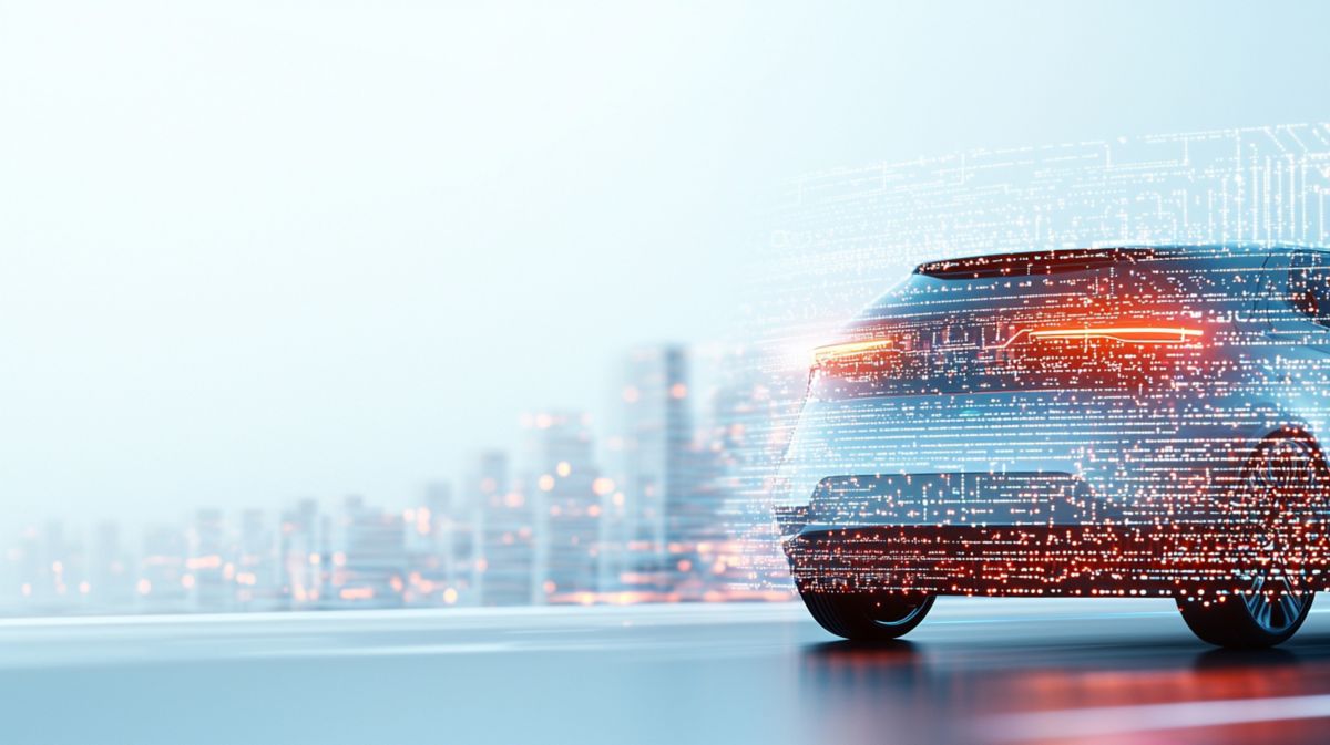 Autonomous car with AI code overlay,  autonomous driving solutions | DXC Technology 