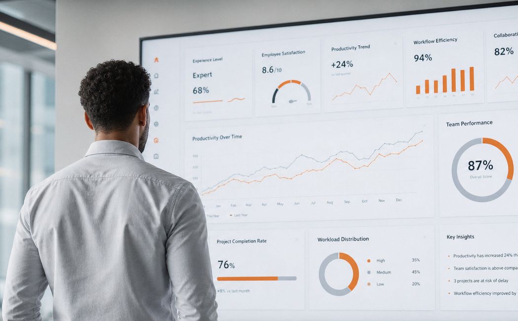 Workplace analytics dashboard measuring digital employee experience outcomes