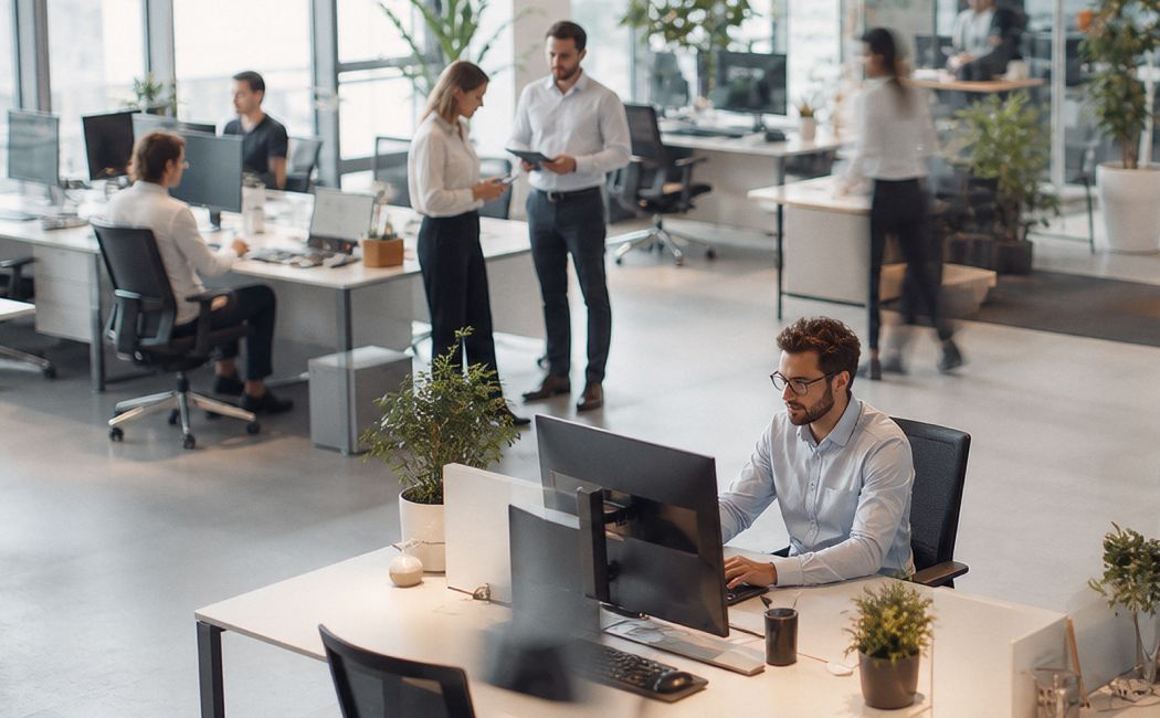 Employees benefiting from intelligent workplace automation and connected workplace solutions