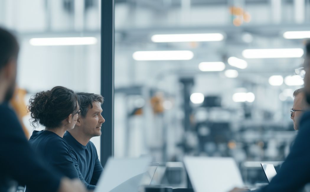 Employees collaborating in a modern workplace enabled by workplace experience solutions and employee experience management.