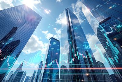 Skyscrapers with financial graphs and numbers overlay, Corporate Treasury, Financial Services | DXC Technology