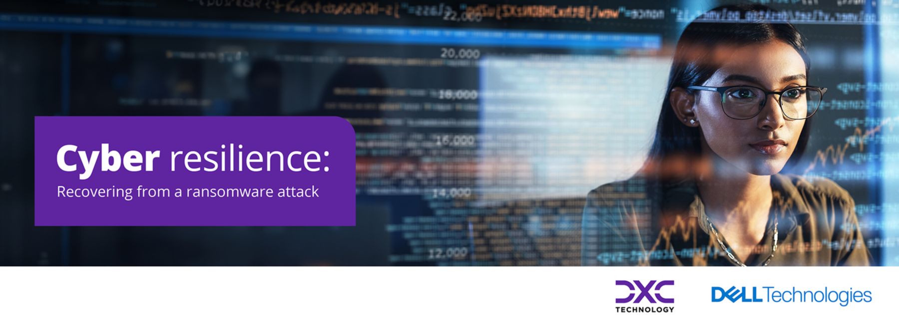 woman seen through computer screen with stats and graphs, Dell | DXC Technology