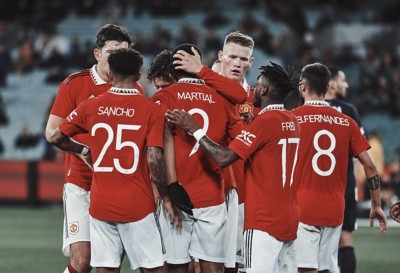 MELBOURNE, AUSTRALIA - JULY 15: Scott McTominay of Manchester United scores their first goal during the Pre-Season friendly match between Melbourne Victory and Manchester United at Melbourne Cricket Ground on July 15, 2022 in Melbourne, Australia. (Photo by Ben Duffy/Manchester United via Getty Images)