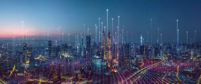 Smart city and abstract dot point connect with gradient line and aesthetic Intricate wave line design , big data connection technology concept .