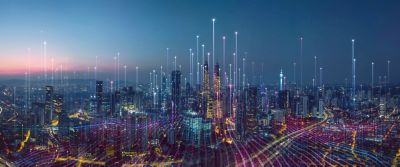 Smart city with abstract data points and wave line design, Empowering customers in AI | DXC Technology Insights