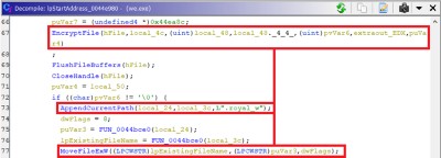 Figure 9. Encrypting a file and appending the “.royal_w” extension — analysis snapshot