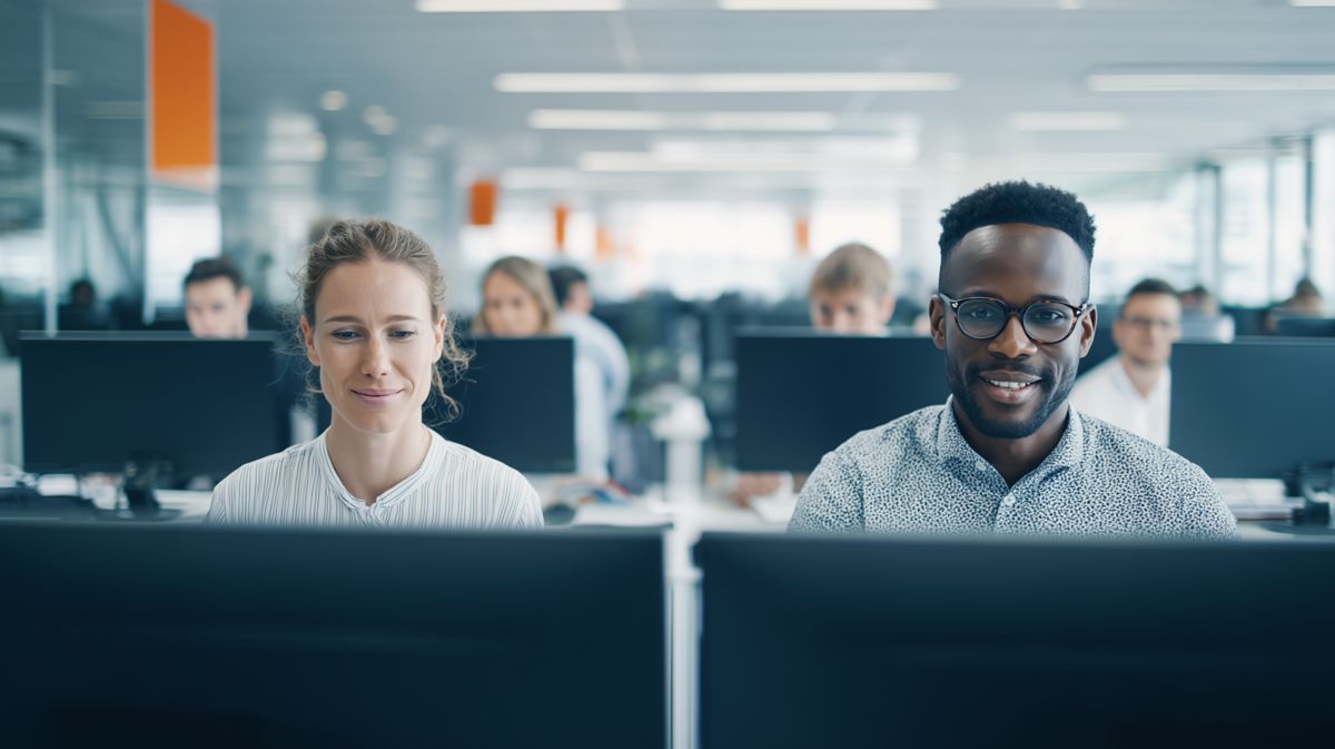 Two business professionals working at computers in a modern office