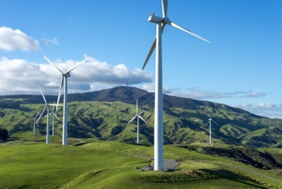 The Te Apiti Wind Farm in the Tararua Ranges near Palmerston North showing the rolling rural landscape