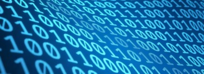 Digital data or binary code on virtual wavy surface on blue background. 3D illustration. 