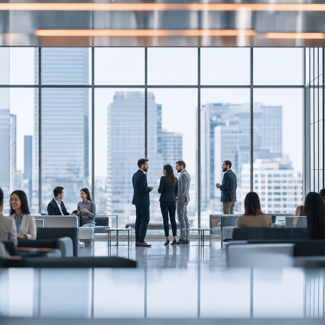 Employees interacting in a workplace designed to improve employee experience and organizational transformation.
