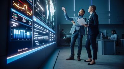 Project Manager and Computer Science Engineer Talk while Using Big Screen Display and a Laptop