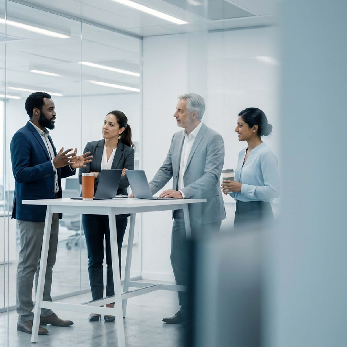 Business professionals discussing enterprise digital identity and identity governance strategies for secure digital identity solutions.