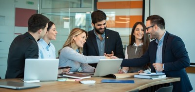 Friendly female leader boss shake hand of new staff member welcoming male employee on job in corporate department. Business colleagues around the table making strong business team.