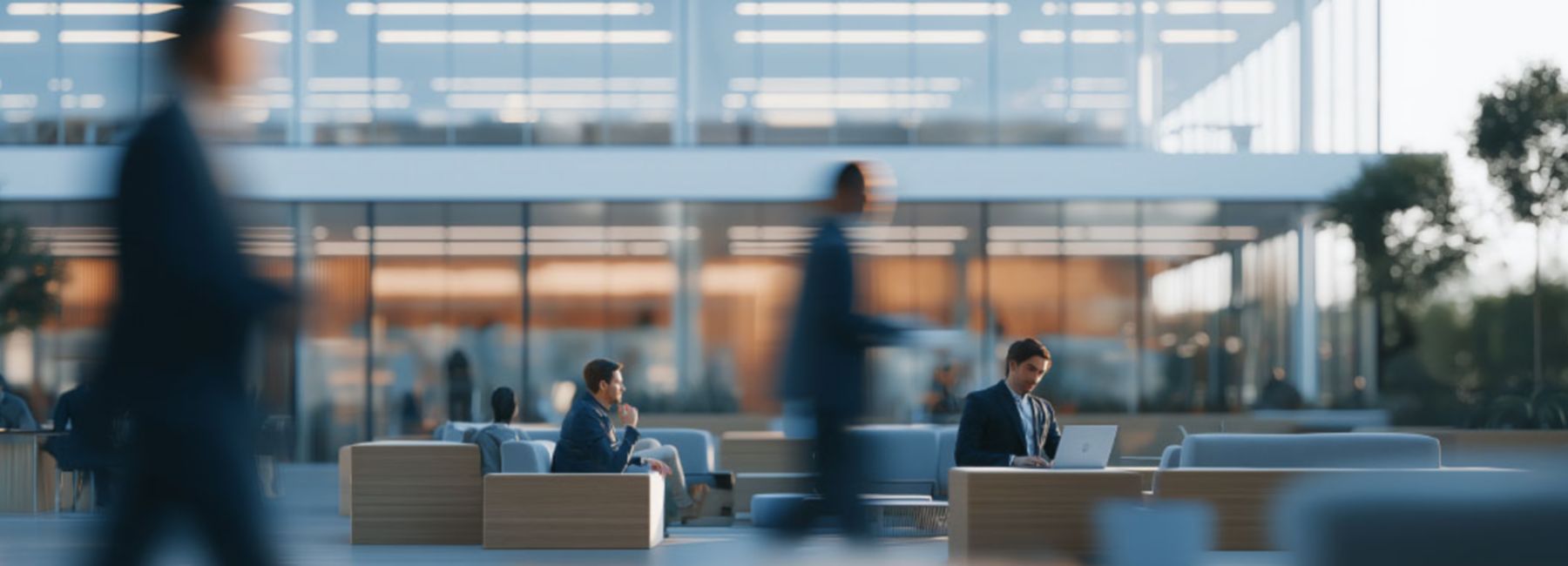 Employees work and collaborate in a modern office environment, illustrating the connected and people-centered workplace enabled by AI-powered services.