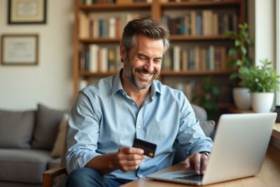 Man using laptop and holding credit card, Payments, Financial Services | DXC Technology