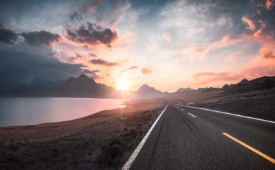 Lake and road  at sunset