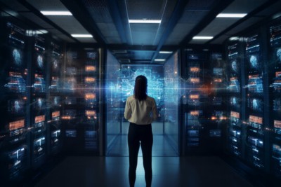 Woman standing in data center facing an open doorway, reflecting different routes to VMware Transformation | DXC Technology