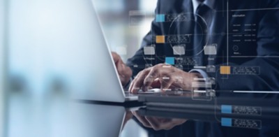 Document management system DMS, Enterprise content management, Businessman working on laptop computer with digital document, managing files data, paperless workflow, data search, cloud technology