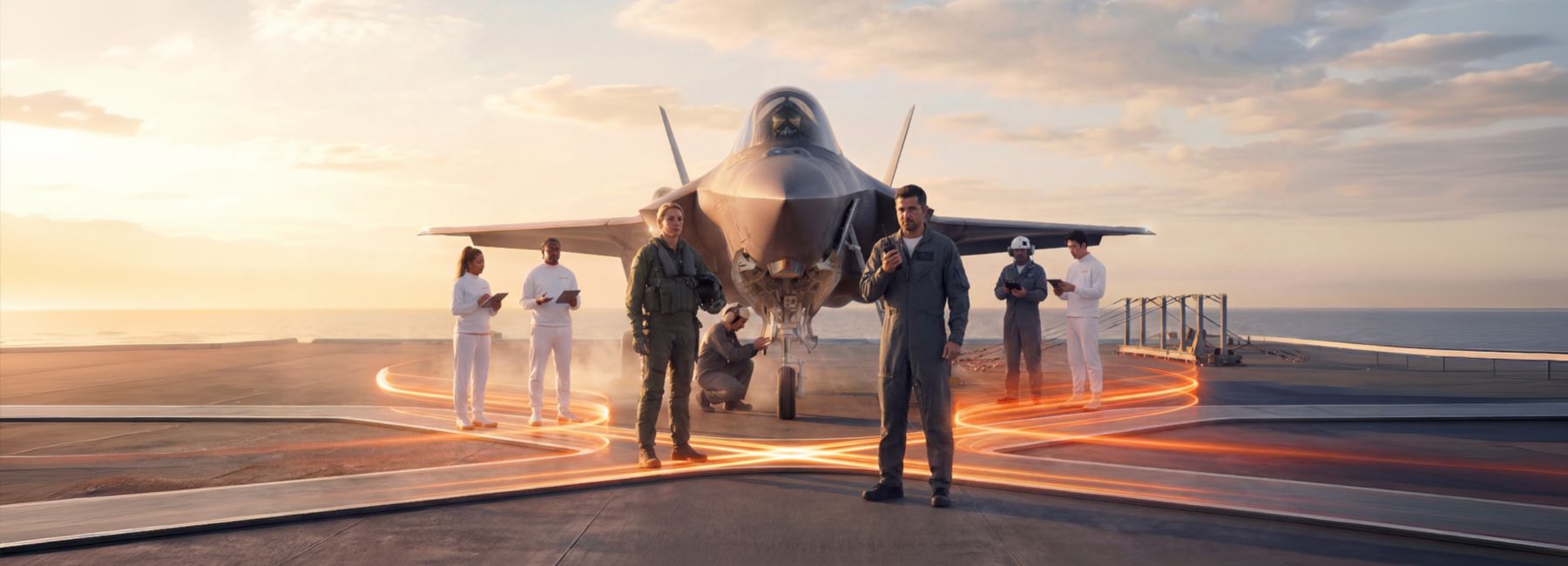 Fighter jet on deck of aircraft carrier with pilots in front, Aerospace & Defense | DXC Technology