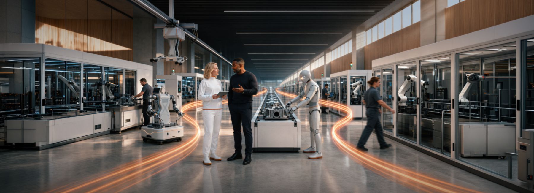 Male and female executives talking inside factory among robot workers, Manufacturing | DXC Technology
