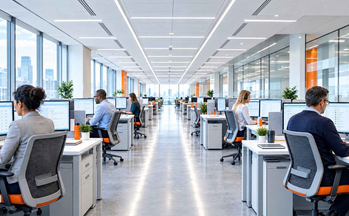 Open-plan banking helpdesk with agents at workstations – Banco Galicia business process as a service