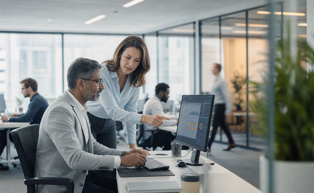 Colleagues reviewing data together while delivering finance and accounting business process services | DXC Technology