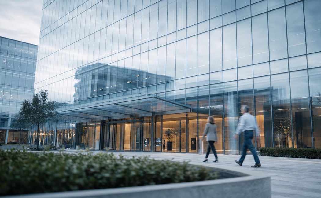 People walking past a modern glass retail bank branch where digitized processes cut call volumes | DXC Technology Customer story