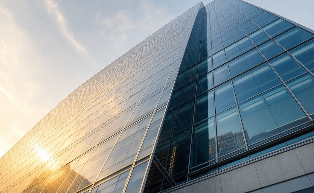 Glass facade of a bank tower at sunrise illustrating core banking modernization at FCM Bank Malta | DXC Technology Customer story