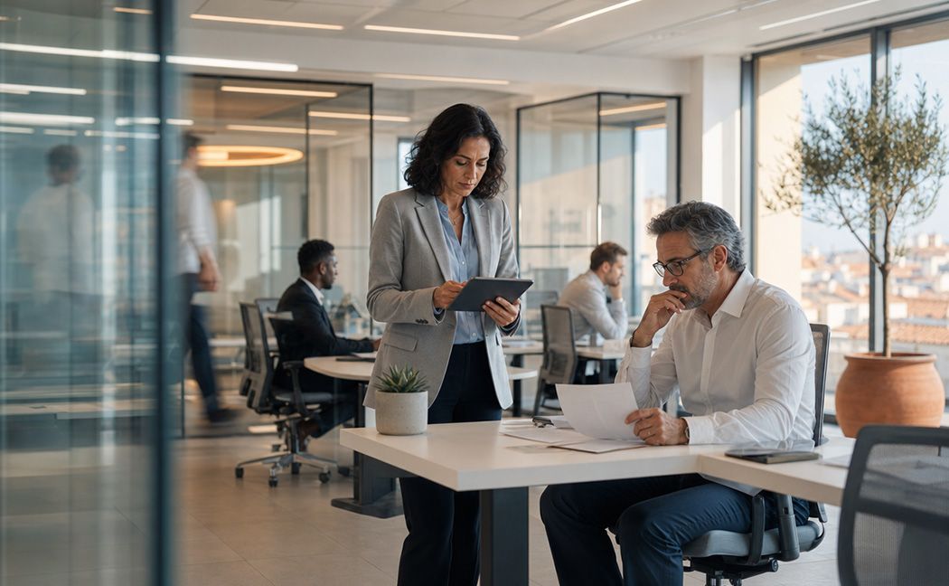 Two banking specialists reviewing data on a tablet while discussing BPS services for banking | DXC Technology