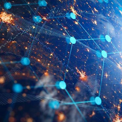 Digital rendering of Earth at night with gold & blue pixelated overlay, ServiceNow Enterprise Applications | DXC Technology