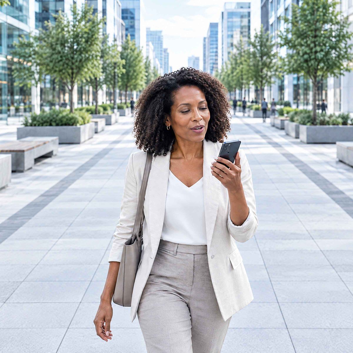 Woman talking to a phone assistant on a city plaza – conversational AI for insurance customers
