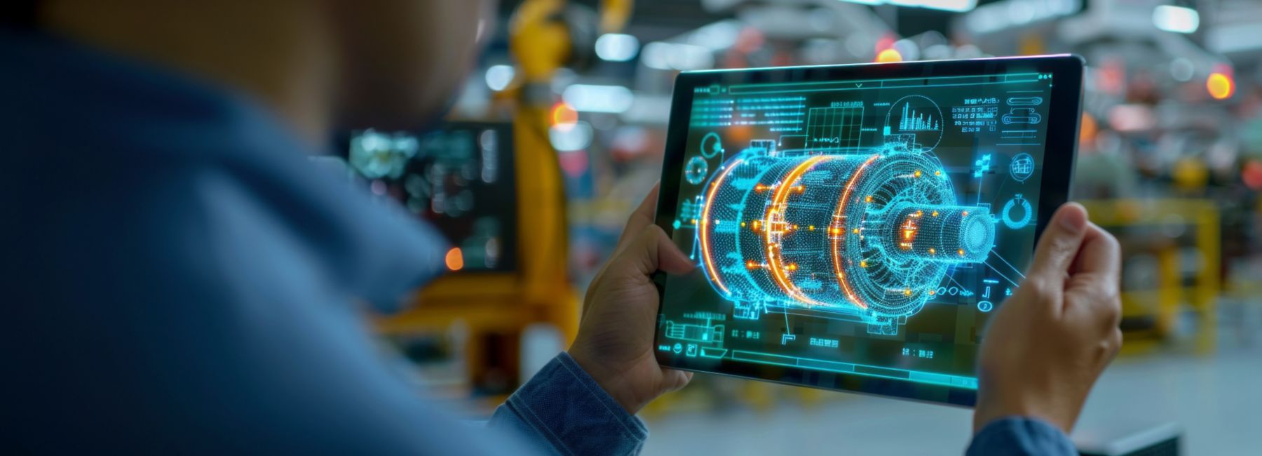 engineer holding tablet depicting digital rendering of manufacturing part