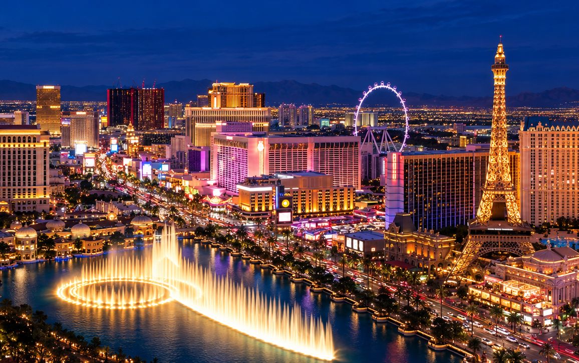 Las Vegas at night, Bellagio Hotel and fountain, AWS re:Invent 2026 | DXC Technology Events